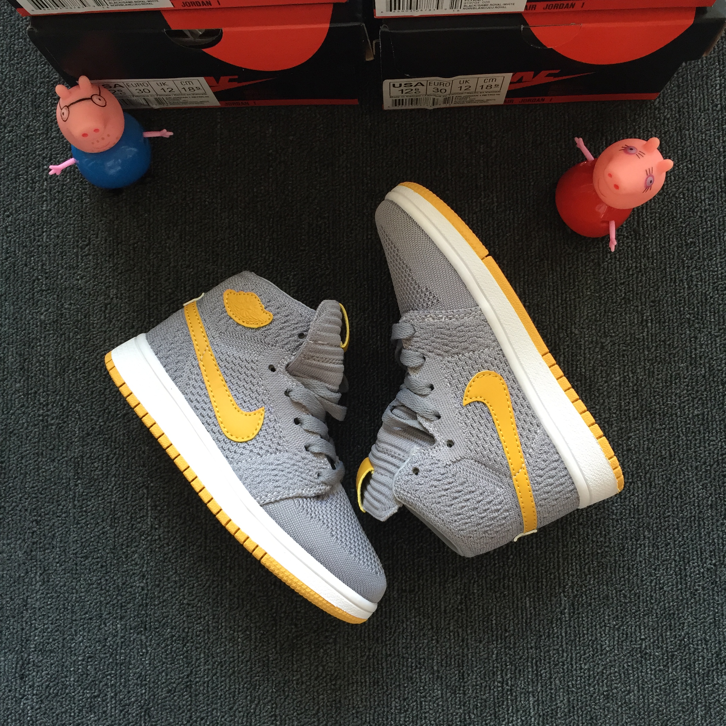 2018 Kids Jordan 1 Flyknit Grey Yellow Shoes - Click Image to Close